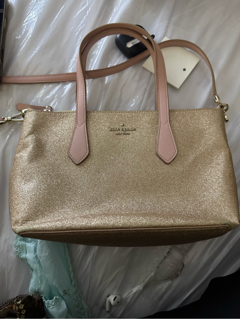 kate spade Gold Glitter Tote with Pink Handles